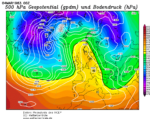 NCEP reanalysis surface analysis, 0000 GMT 4 March 1963 (white contours).