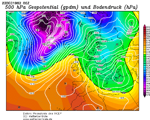 NCEP reanalysis surface analysis, 0000 GMT 22 Dec 1962 (white contours).