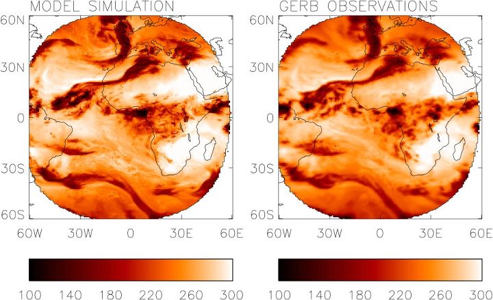 Comparisons of radiative energy emanating from planet Earth at 6am GMT on Monday 24 October 2011. This image was made by Met Office simulations and GERB satellite measurements.