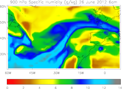 ERA Interim specific humidity (g/kg) at 6am on 26 June 2012