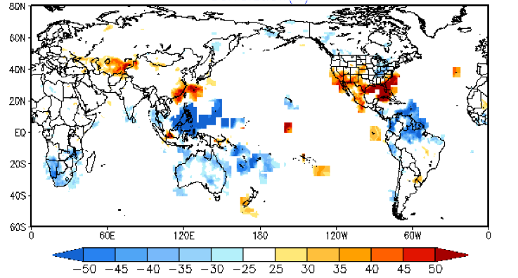 January to March average precipitation is strongly correlated with ENSO, typically with weaker than normal precipitation in a wide band over much of the deep tropics (e.g., the Maritime Continent) and stronger than normal in the extratropics (e.g., the US and Mexico).