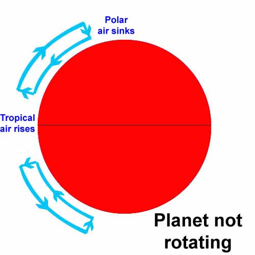 On an non-rotating planet, air rises at the Equator, flows Polewards, sinks at the Poles,
				and flows back to the Equator